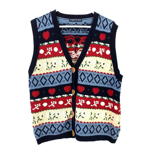 Eagle's Eye Heart Fair Isle Grandmacore Sweater Cardigan Vest Chest 41" HOLE - Picture 1 of 4